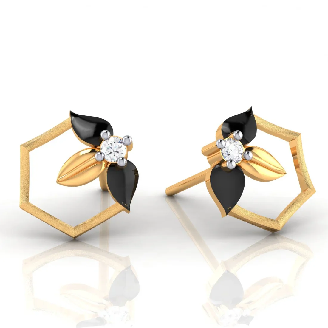 22k (916) Gold Earrings Hexagonal Floral Studs With Black Meena And Embedded Stones - Image 3