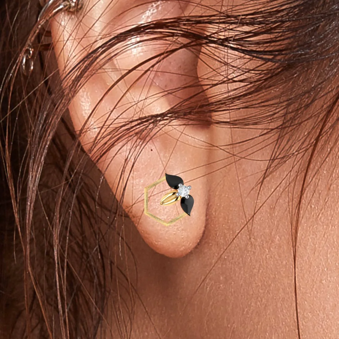 22k (916) Gold Earrings Hexagonal Floral Studs With Black Meena And Embedded Stones - Image 5