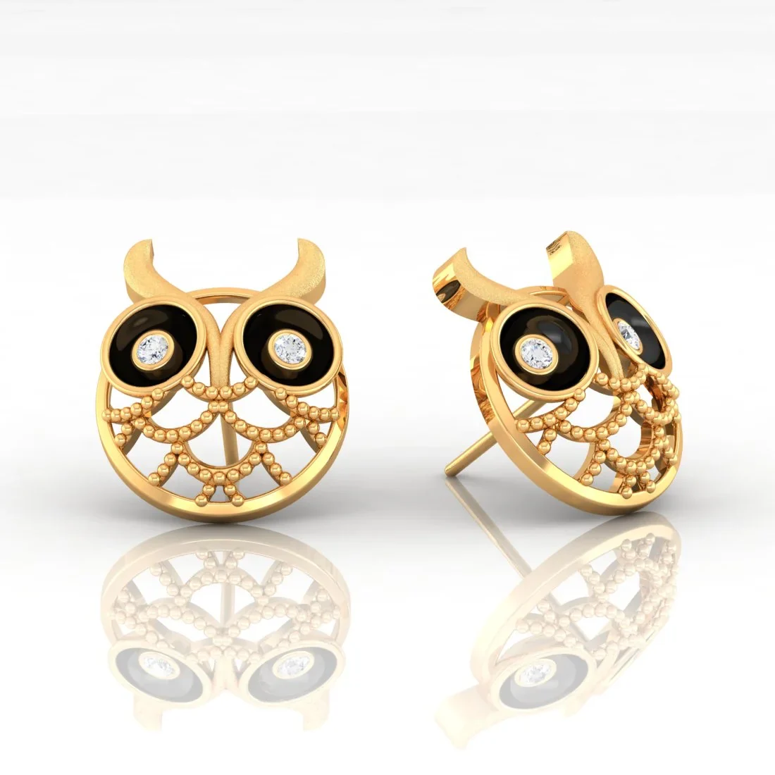 22k (916) Gold Earrings Owl Studs With Black Meena And Embedded Stones - Image 2