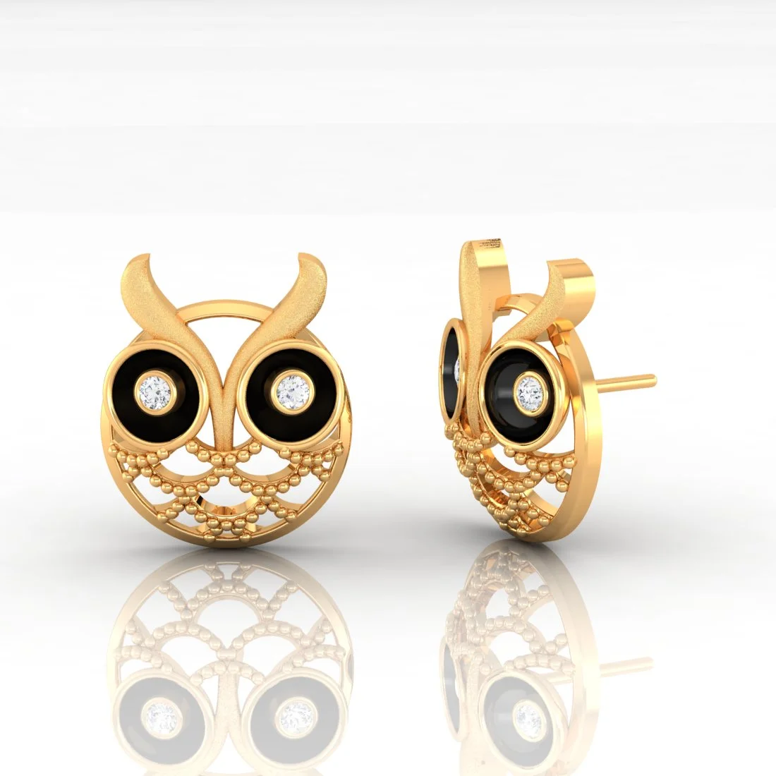 22k (916) Gold Earrings Owl Studs With Black Meena And Embedded Stones - Image 3