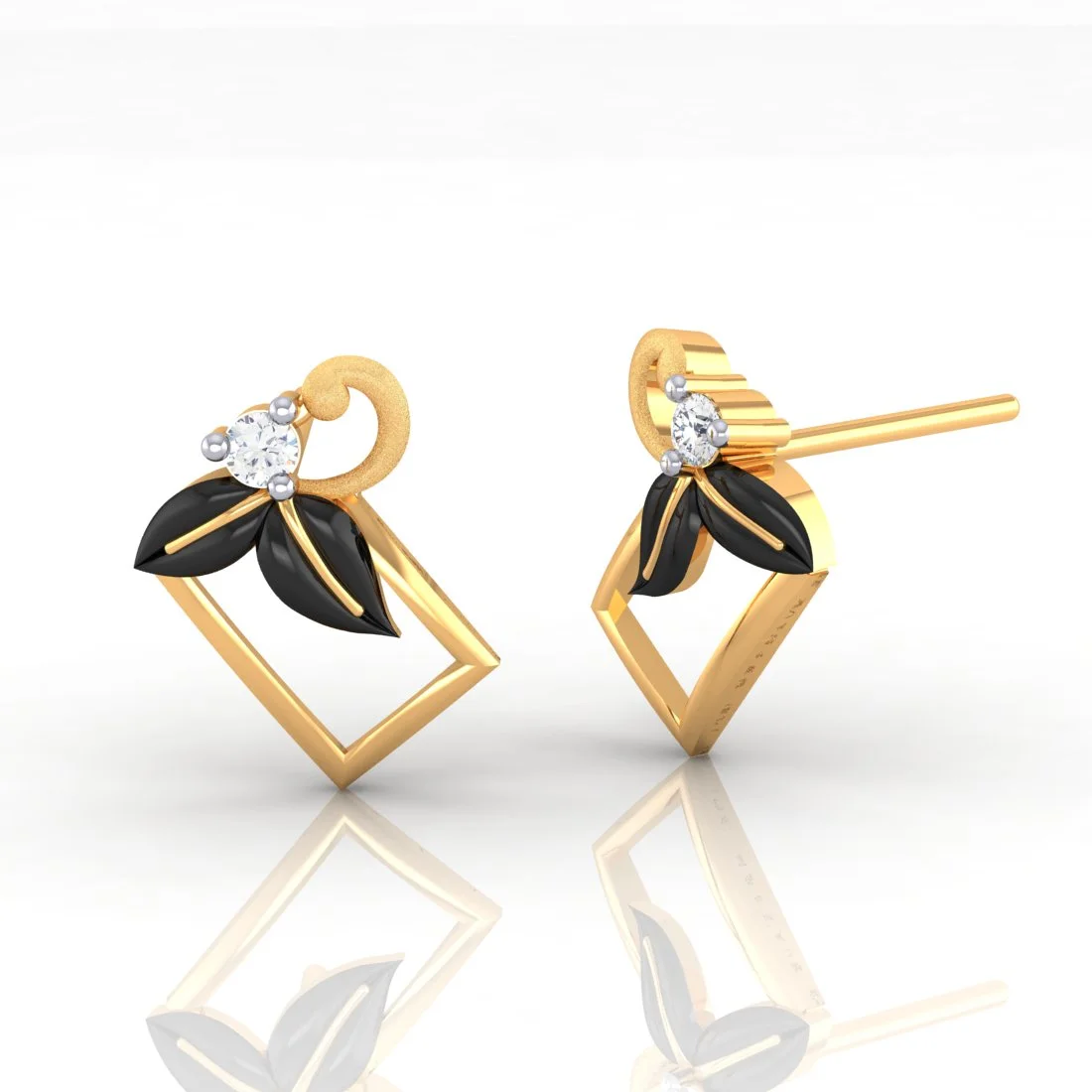 22k (916) Gold Earrings Square Floral Studs With Black Meena And Embedded Stones - Image 2