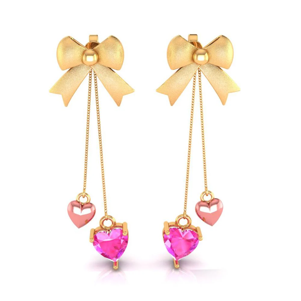22k Combined With Hearts And Bow Style Gold Earrings - Image 2