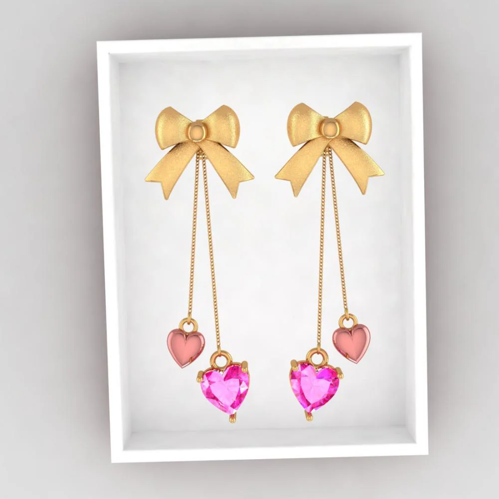 22k Combined With Hearts And Bow Style Gold Earrings - Image 6