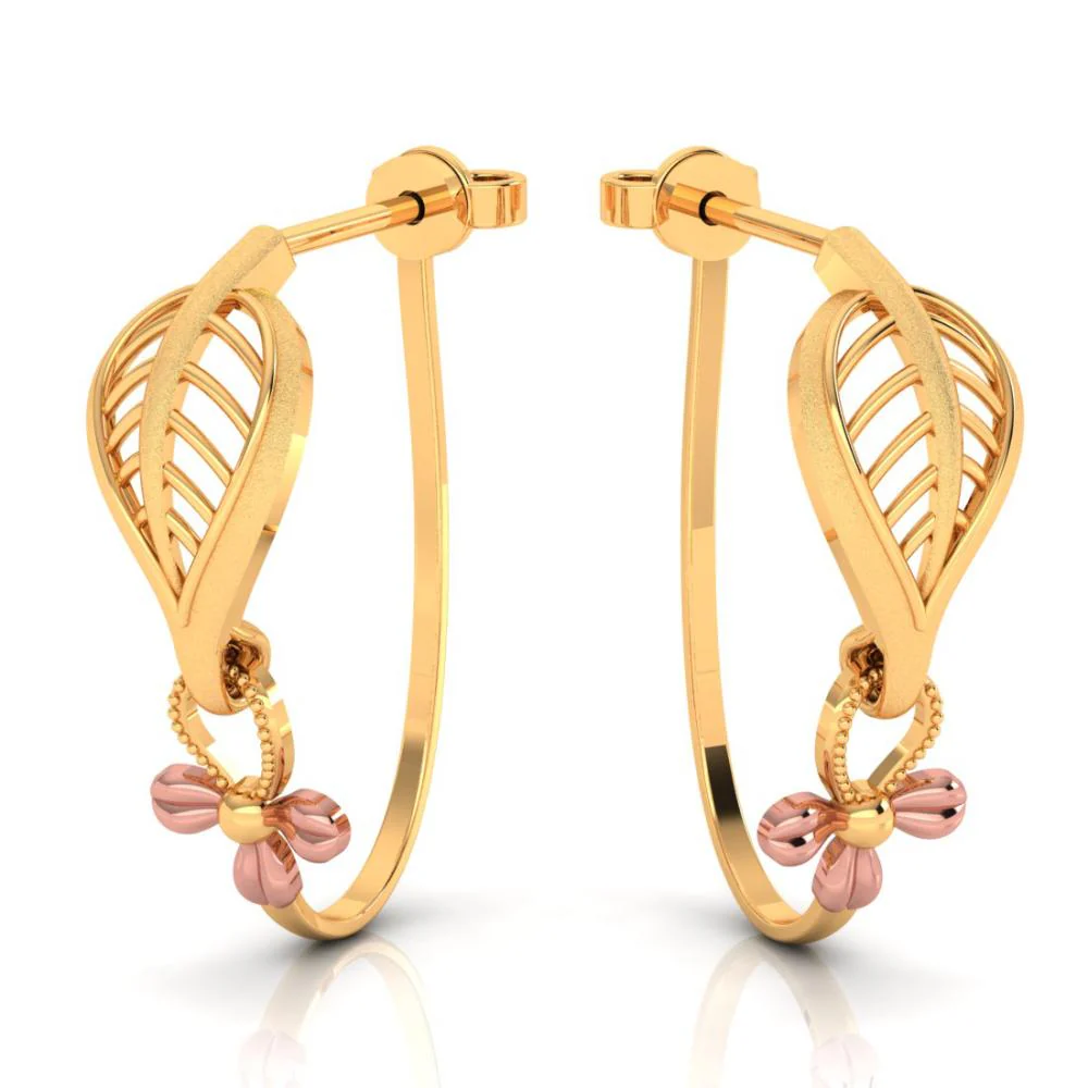 22k Delicate Earrings With A Yellow Gold Floral Pattern And A Leafy Motif - Image 3