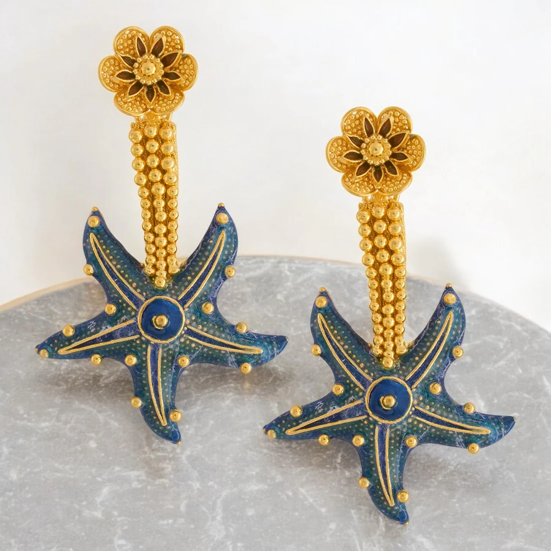 22k Gold Drop Earring With Blue Starfish Design & Floral Gold Stud