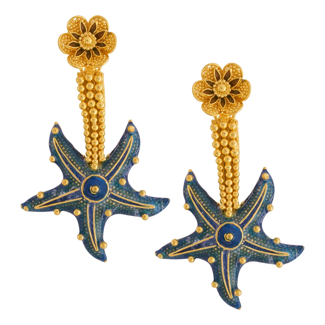 22k Gold Drop Earring With Blue Starfish Design & Floral Gold Stud - Image 2