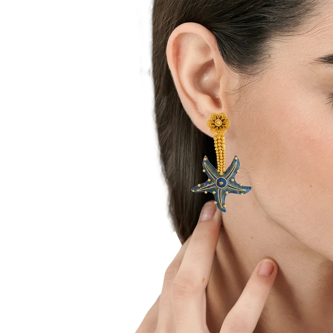22k Gold Drop Earring With Blue Starfish Design & Floral Gold Stud - Image 3