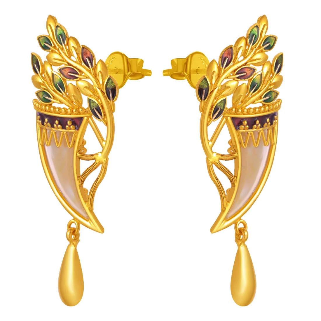 22k Gold Drop Earrings Leafy Horn Shape And Drop Design - Image 3