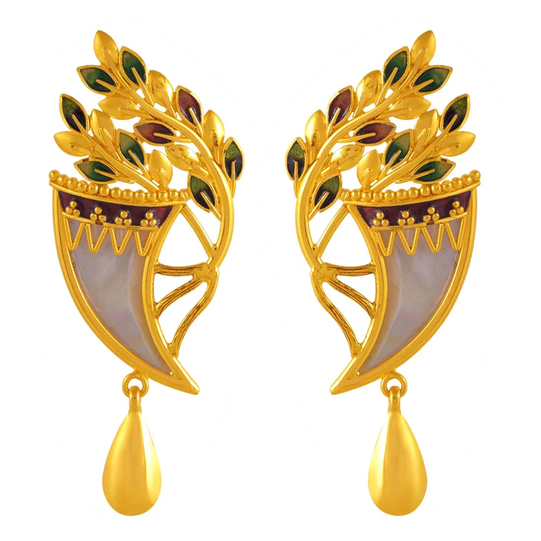 22k Gold Drop Earrings Leafy Horn Shape And Drop Design - Image 4