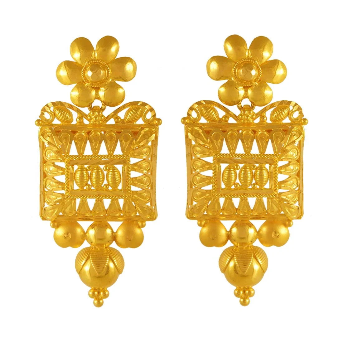 22k Gold Drop Earrings With Flower & Square Geometric Style - Image 2