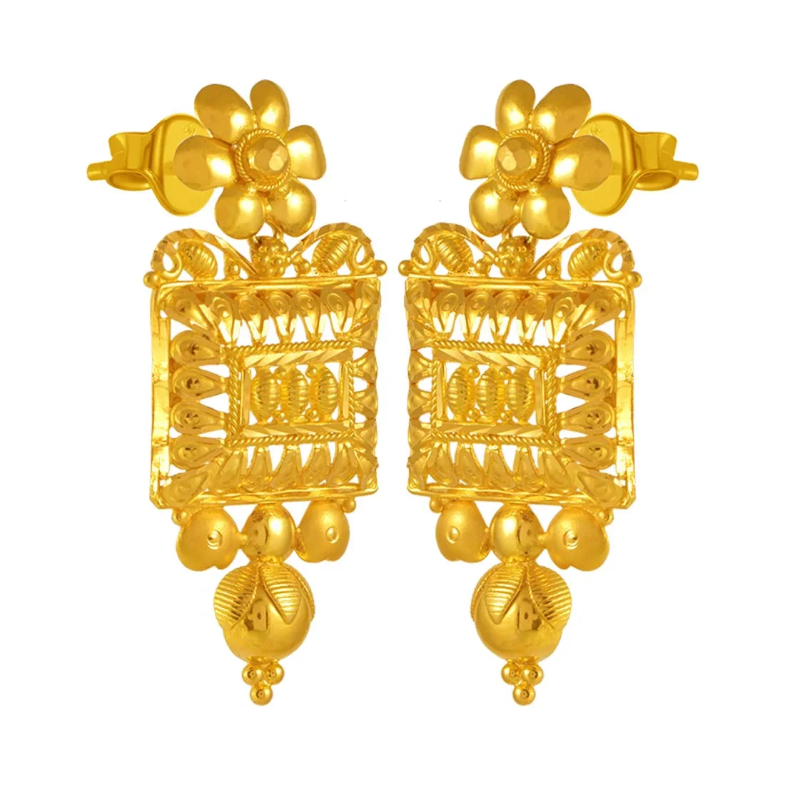 22k Gold Drop Earrings With Flower & Square Geometric Style - Image 4