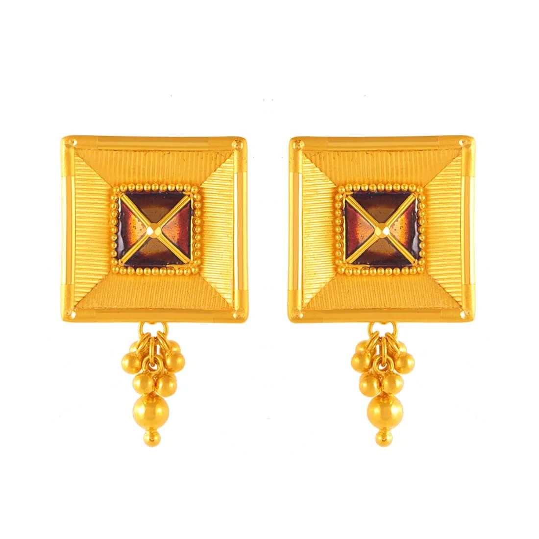 22k Gold Drop Earrings With Simple Square Shape And Dangle Beads