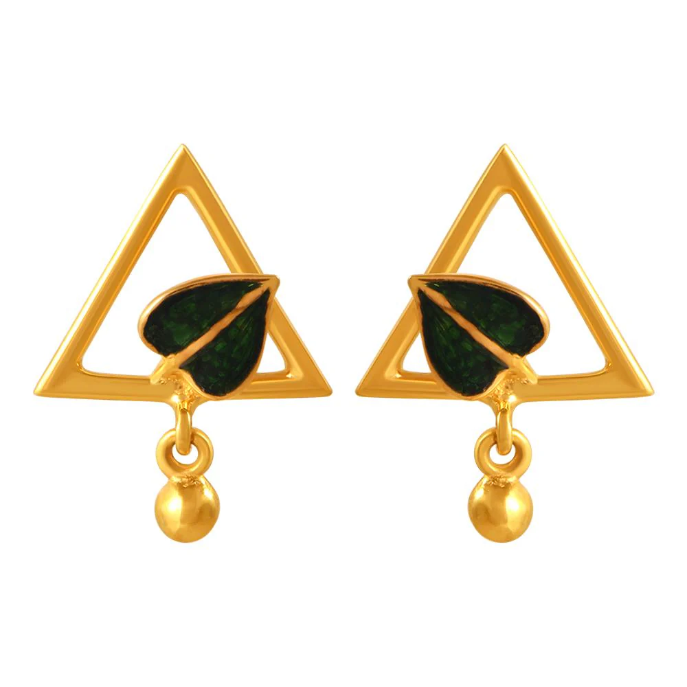 22k Gold Earrings With A Leaf Inside A Triangular Shape And A Ball Drop