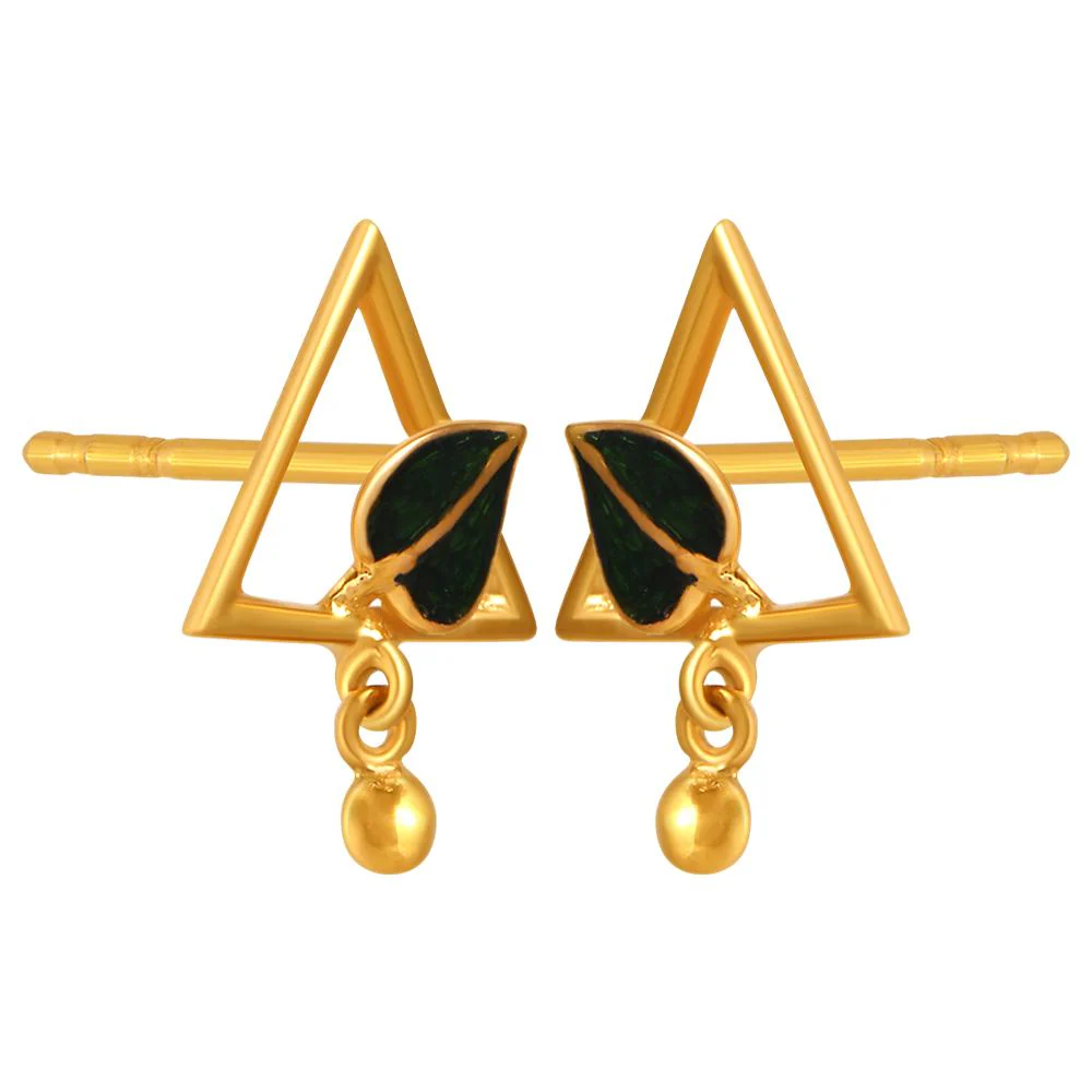 22k Gold Earrings With A Leaf Inside A Triangular Shape And A Ball Drop - Image 3