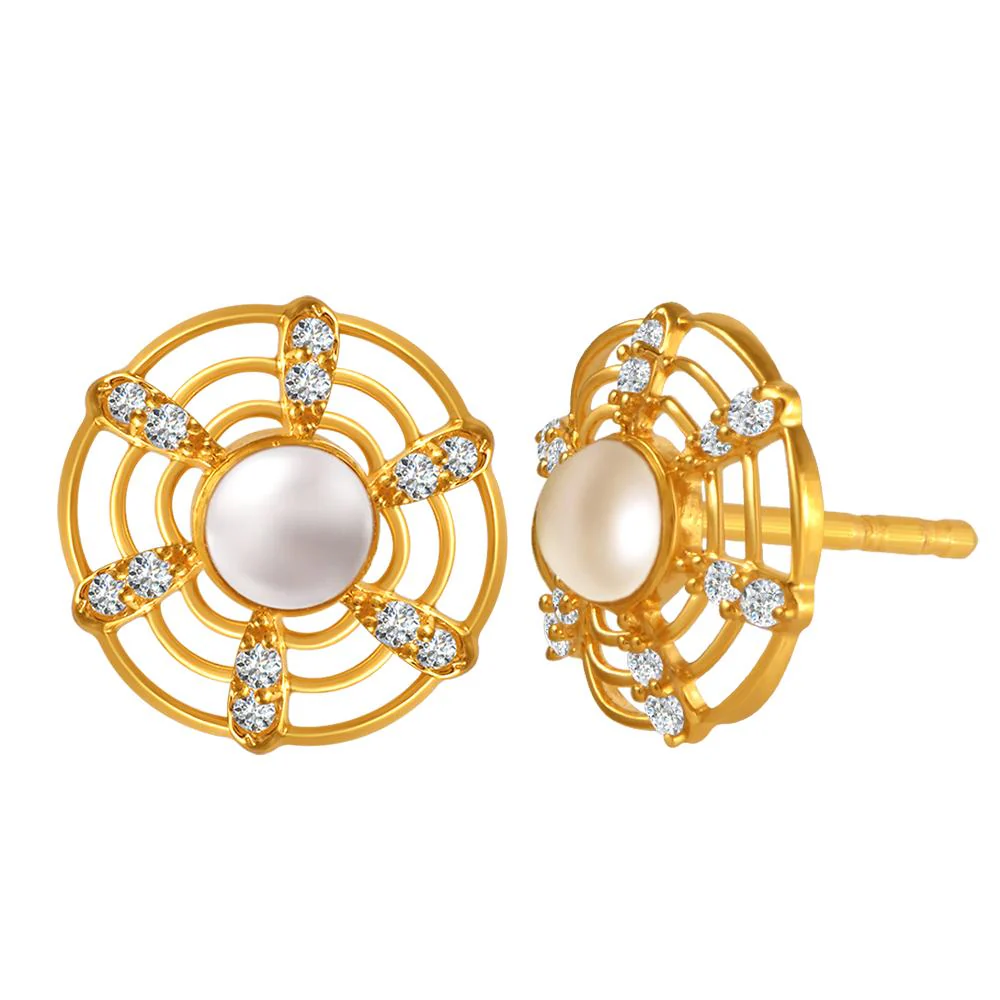 22k Gold Earrings With A Pearl In The Center Of Curved Concentric Circles And Stone Detailing - Image 2