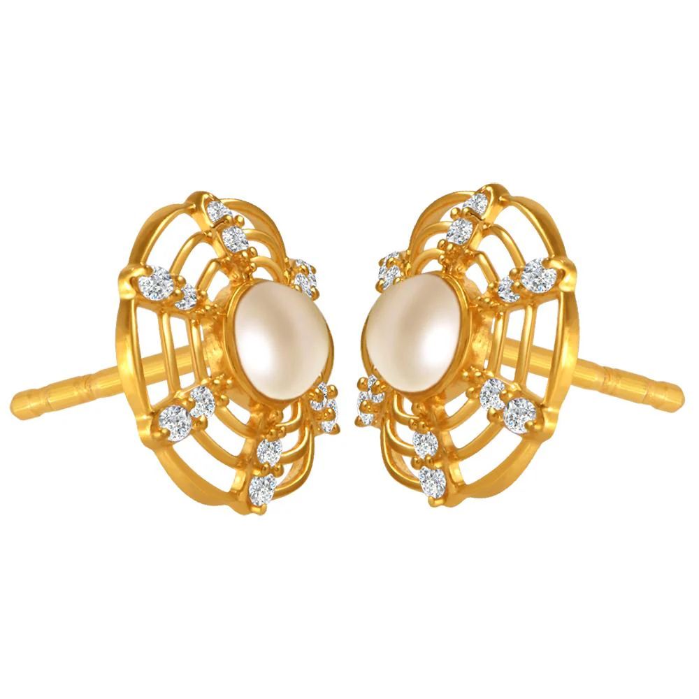 22k Gold Earrings With A Pearl In The Center Of Curved Concentric Circles And Stone Detailing - Image 3