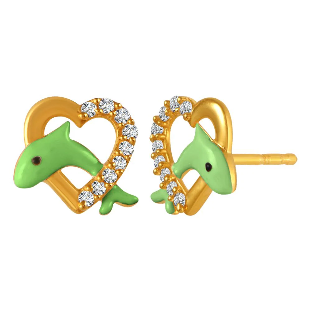 22k Gold Earrings With Green Dolphin Motifs In Stone-studded Hearts - Image 2