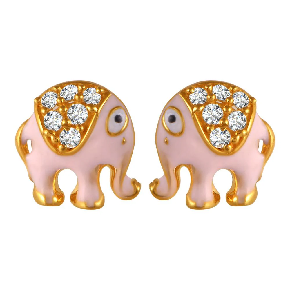 22k Gold Earrings With Pink Elephant Motifs And Stone Detailing