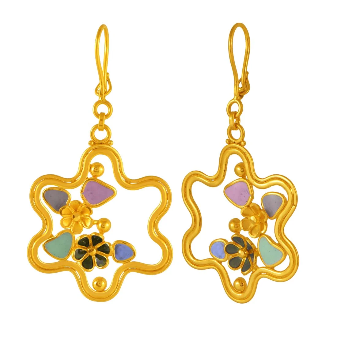 22k Gold Floral Dangling Drop Earrings With Enamel Detailing - Image 2
