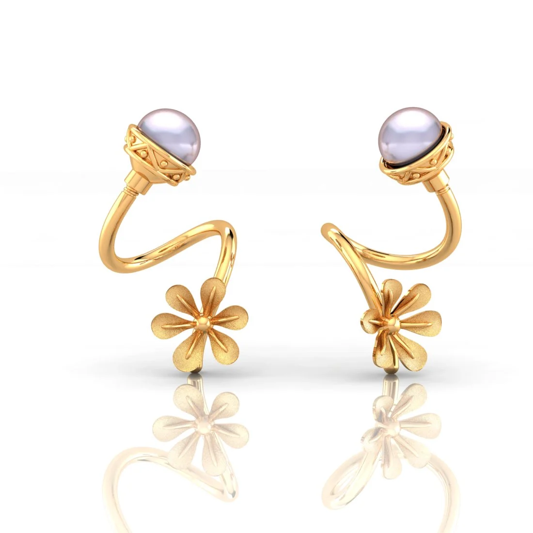 22K Gold Floral Pearl Graceful Traditional Stud Earrings - Image 2