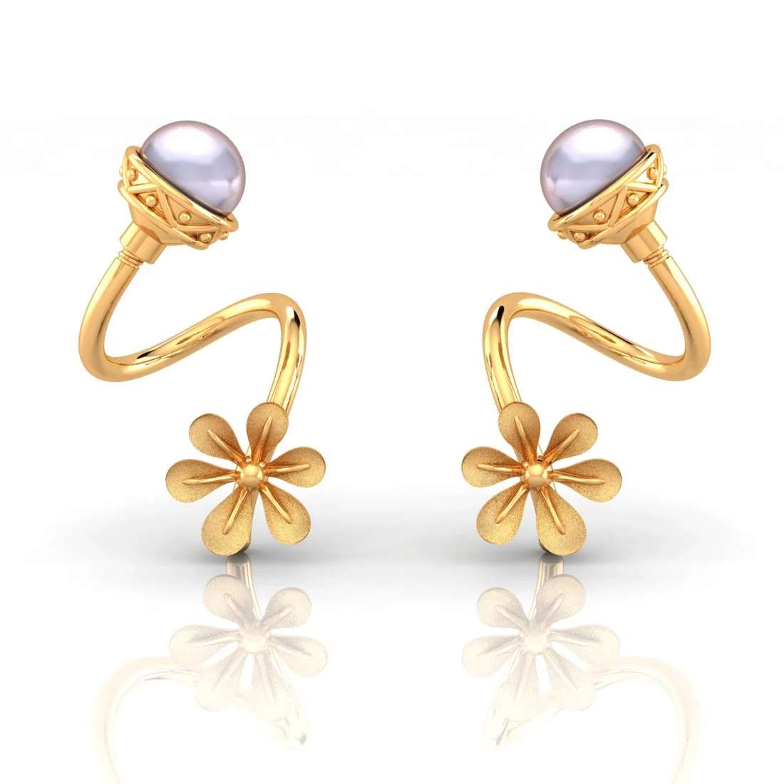 22K Gold Floral Pearl Graceful Traditional Stud Earrings - Image 4