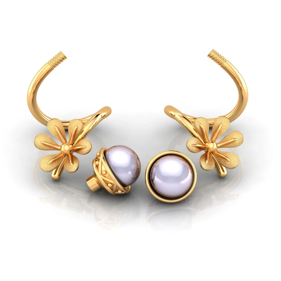 22K Gold Floral Pearl Graceful Traditional Stud Earrings - Image 5