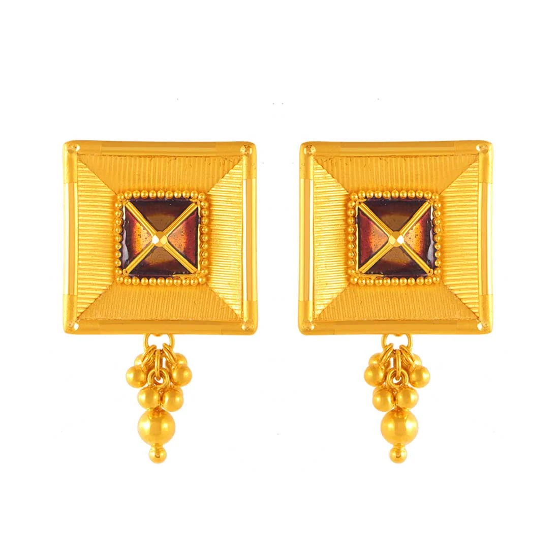 22K Gold Jewellery Set (chain Pendant With Earrings) With Geometric Squares And Intricate Danglers - Image 2