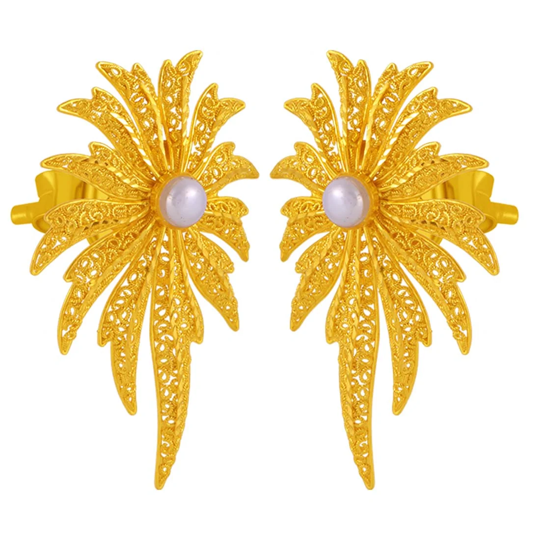 22K Gold Jewellery Set (pendant And Earrings) Floral Filigree Design With Pearl Centre - Image 3