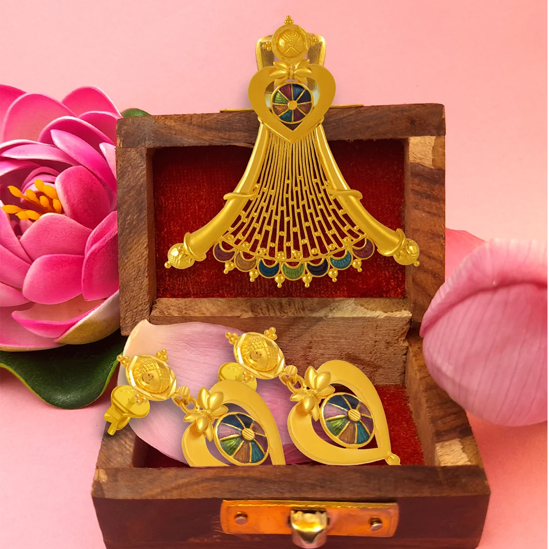 22K Gold Jewellery Set (pendant And Earrings) Heart And Hammock Design With Colourful Enamelling