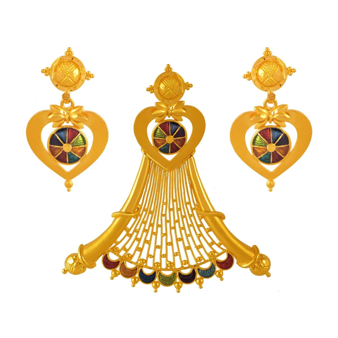 22K Gold Jewellery Set (pendant And Earrings) Heart And Hammock Design With Colourful Enamelling - Image 2