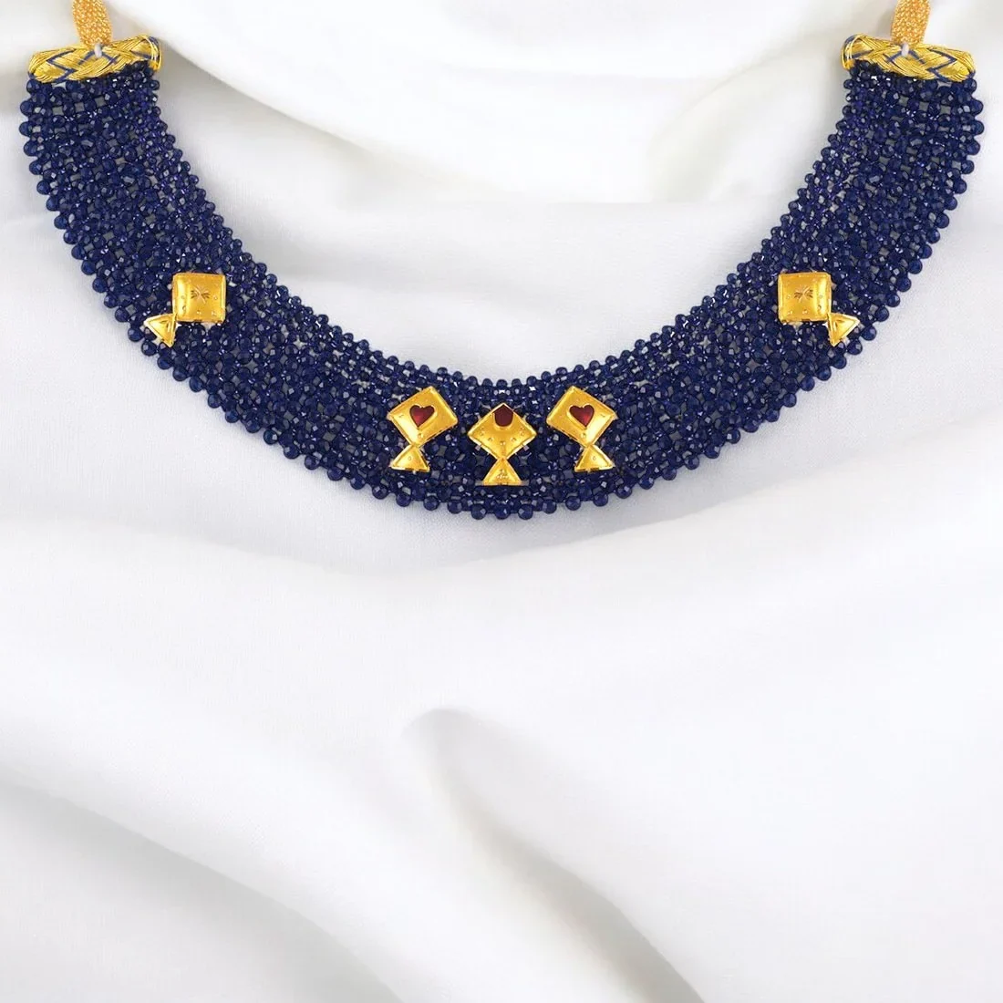 22K Gold Necklace Blue Beads Multistranded Design With Fish Shaped Gold Accents