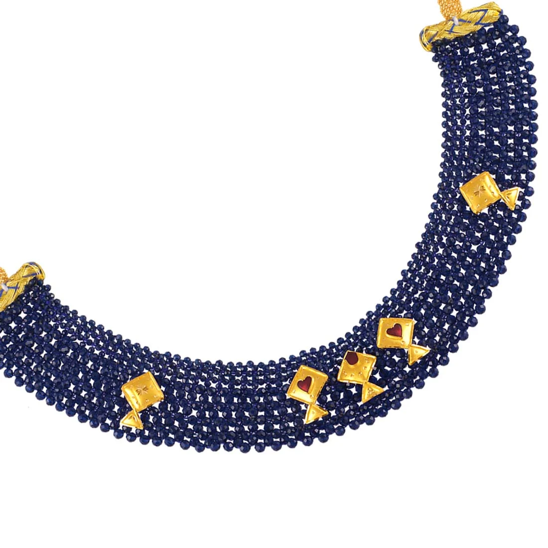 22K Gold Necklace Blue Beads Multistranded Design With Fish Shaped Gold Accents - Image 2