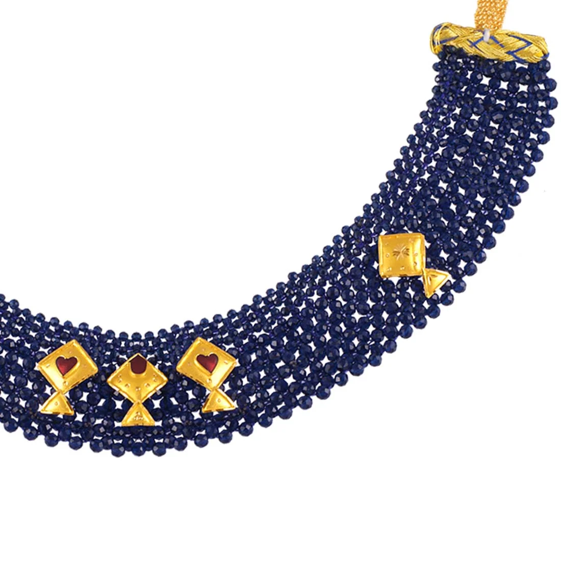 22K Gold Necklace Blue Beads Multistranded Design With Fish Shaped Gold Accents - Image 3