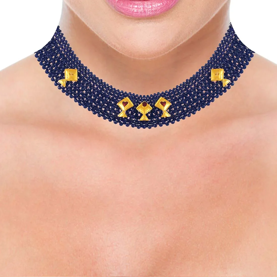 22K Gold Necklace Blue Beads Multistranded Design With Fish Shaped Gold Accents - Image 4