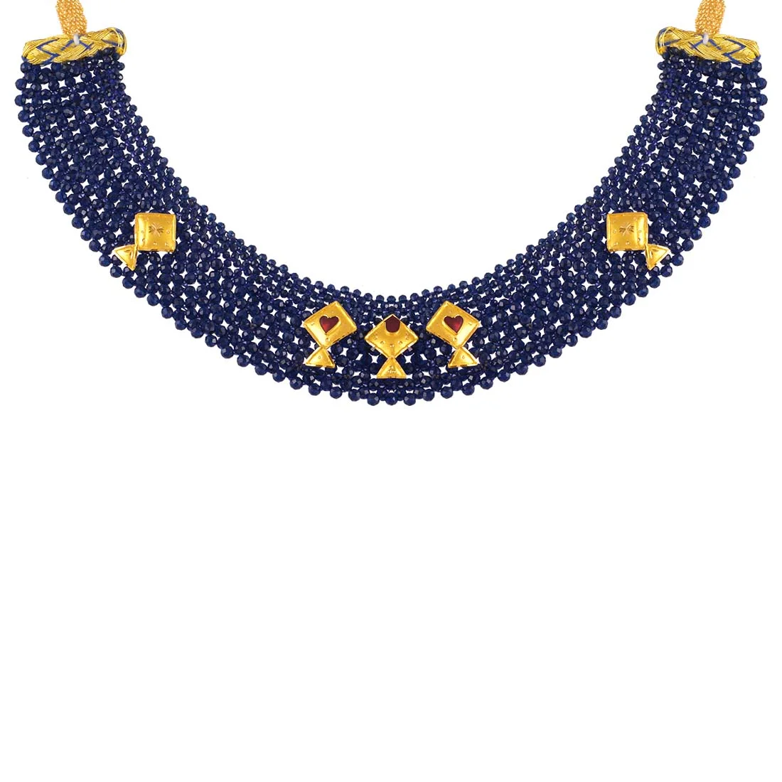 22K Gold Necklace Blue Beads Multistranded Design With Fish Shaped Gold Accents - Image 5
