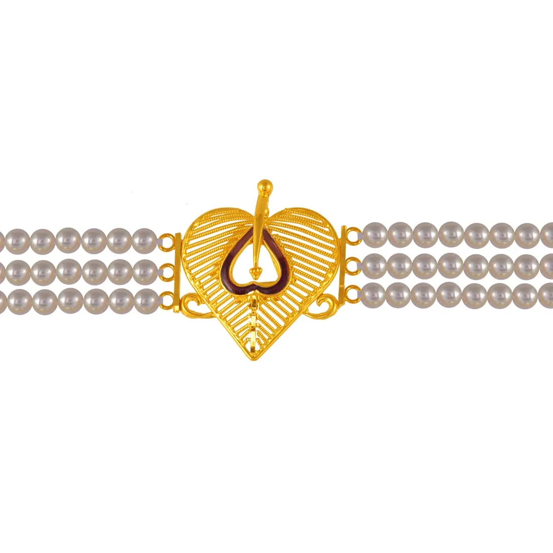 22K Gold Necklace Choker With Heart Pendant And Pearl Chain - Image 2