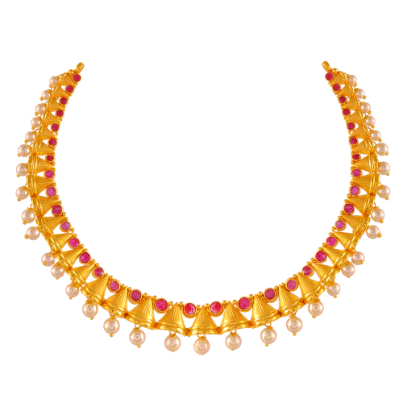 22k Gold Necklace For New Brides With Pearl & Red Stones