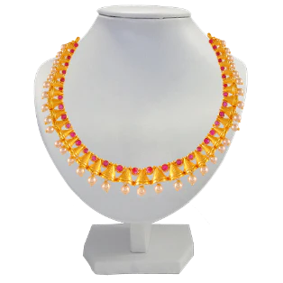 22k Gold Necklace For New Brides With Pearl & Red Stones - Image 2