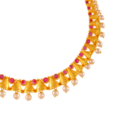 22k Gold Necklace For New Brides With Pearl & Red Stones - Image 3