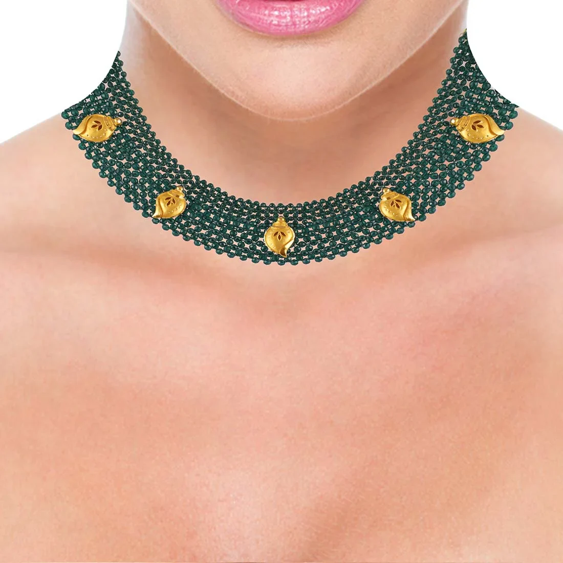 22K Gold Necklace Green Beads Multistranded Design With Conch Shell Shaped Gold Accents - Image 4