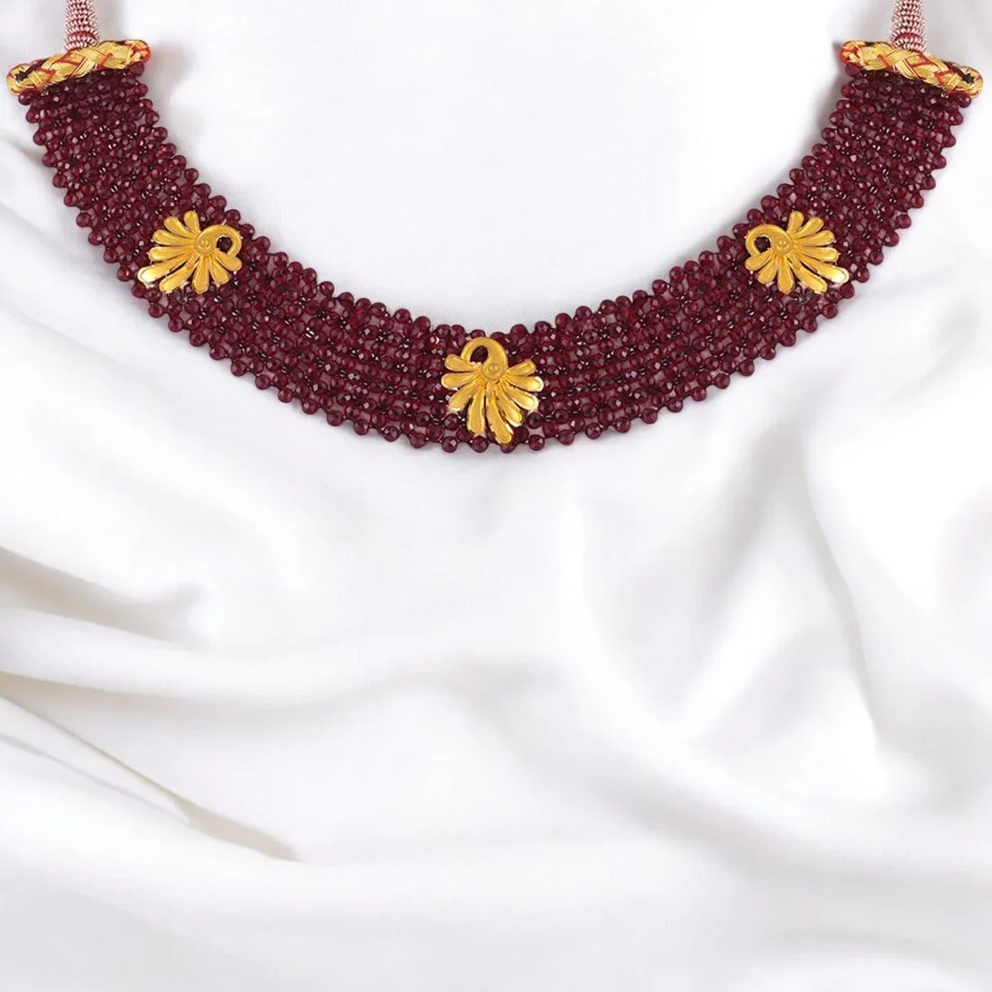 22K Gold Necklace Red Beads Multistranded Design With Gold Accents