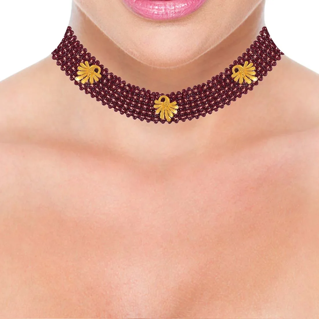 22K Gold Necklace Red Beads Multistranded Design With Gold Accents - Image 4