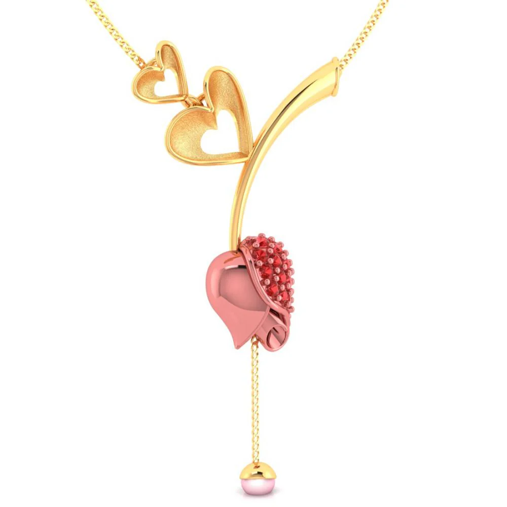 22k Gold Necklace With Double Hearts On A Stone-studded Tulip And A Pearl Drop - Image 2