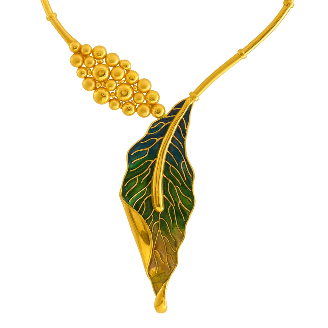 22K Gold Necklace With Green Leaf & Bubble Design - Image 2