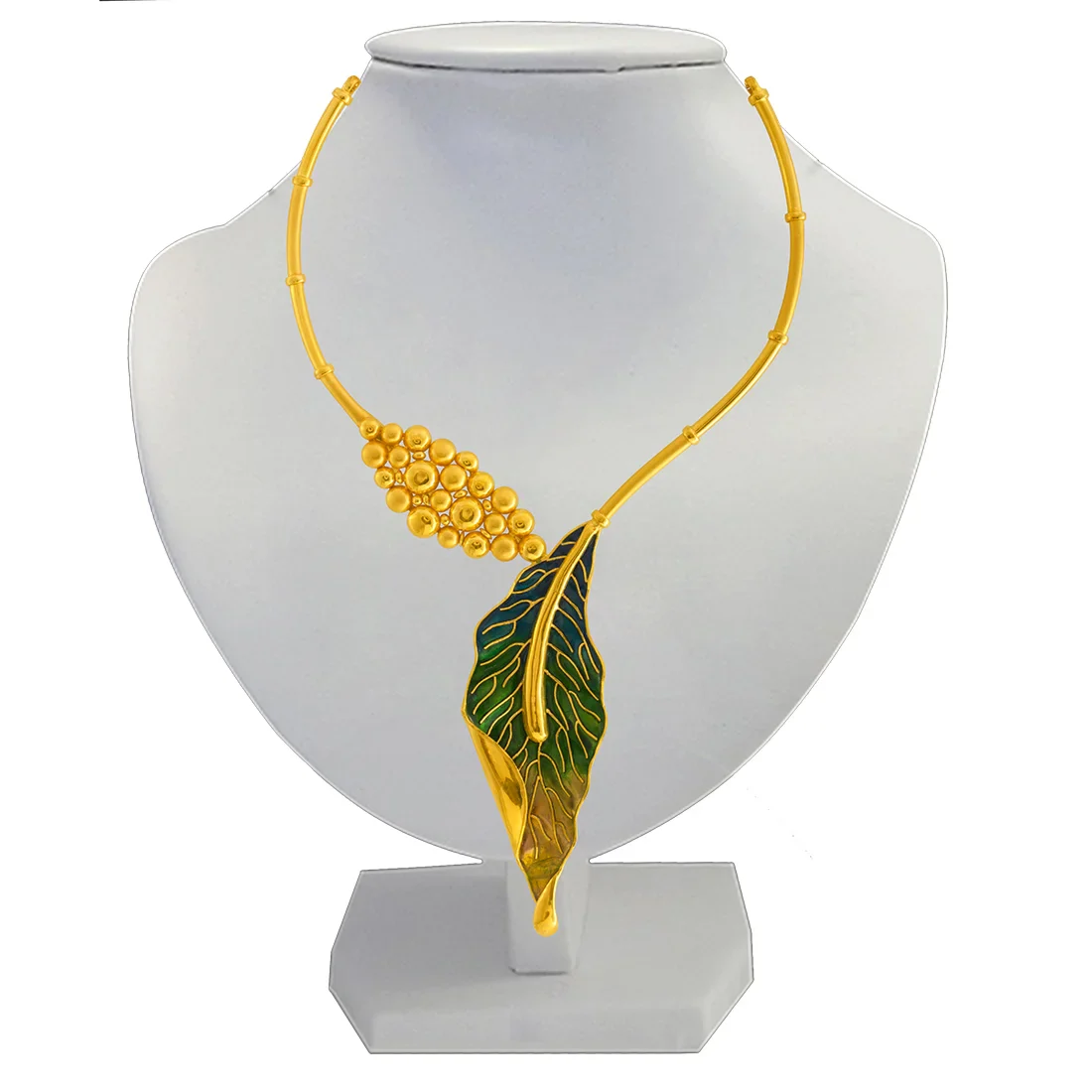 22K Gold Necklace With Green Leaf & Bubble Design - Image 3