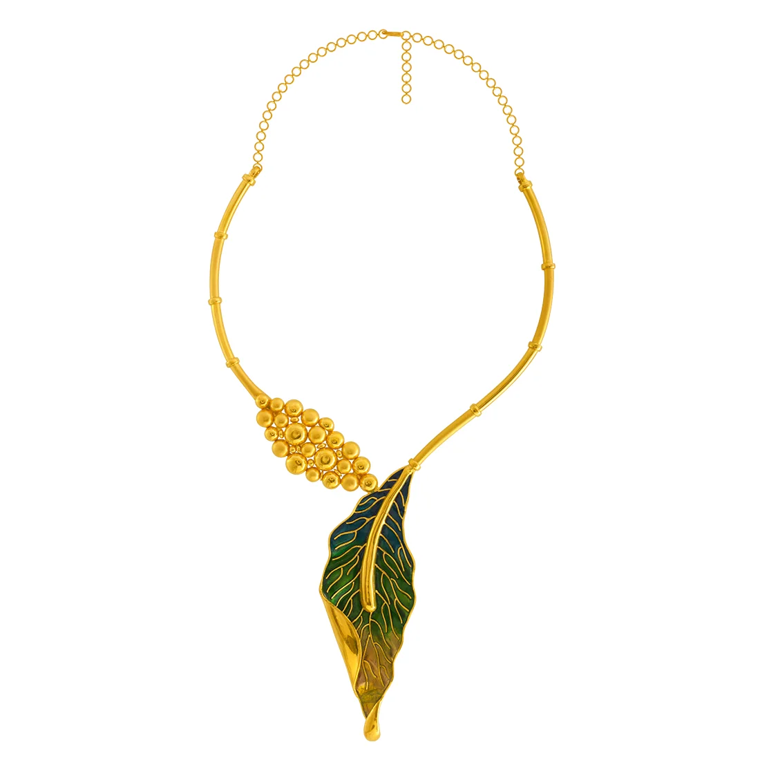 22K Gold Necklace With Green Leaf & Bubble Design - Image 4