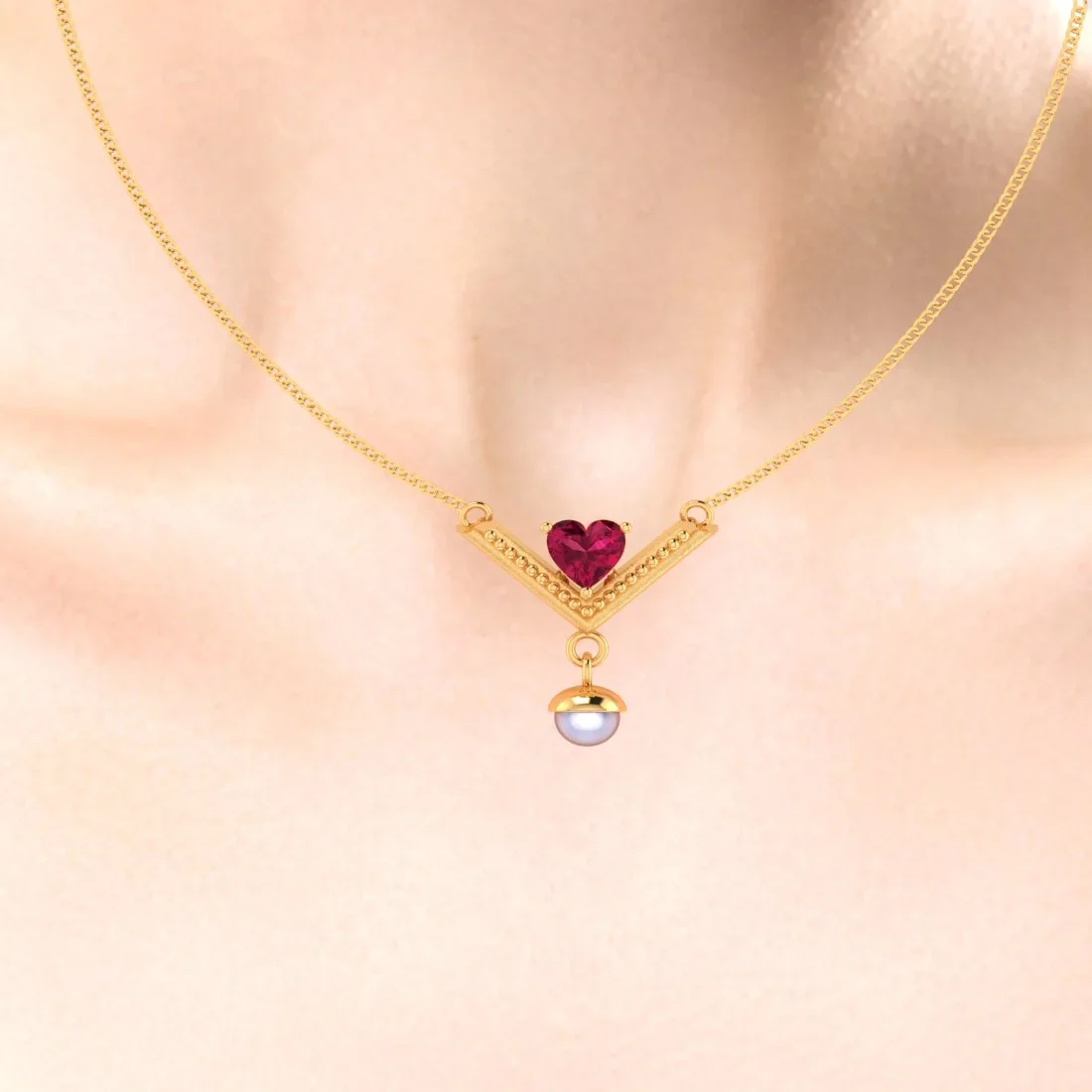22K Gold Necklace With Heart Motif Set On A V Shape And Pearl Dangler - Image 6