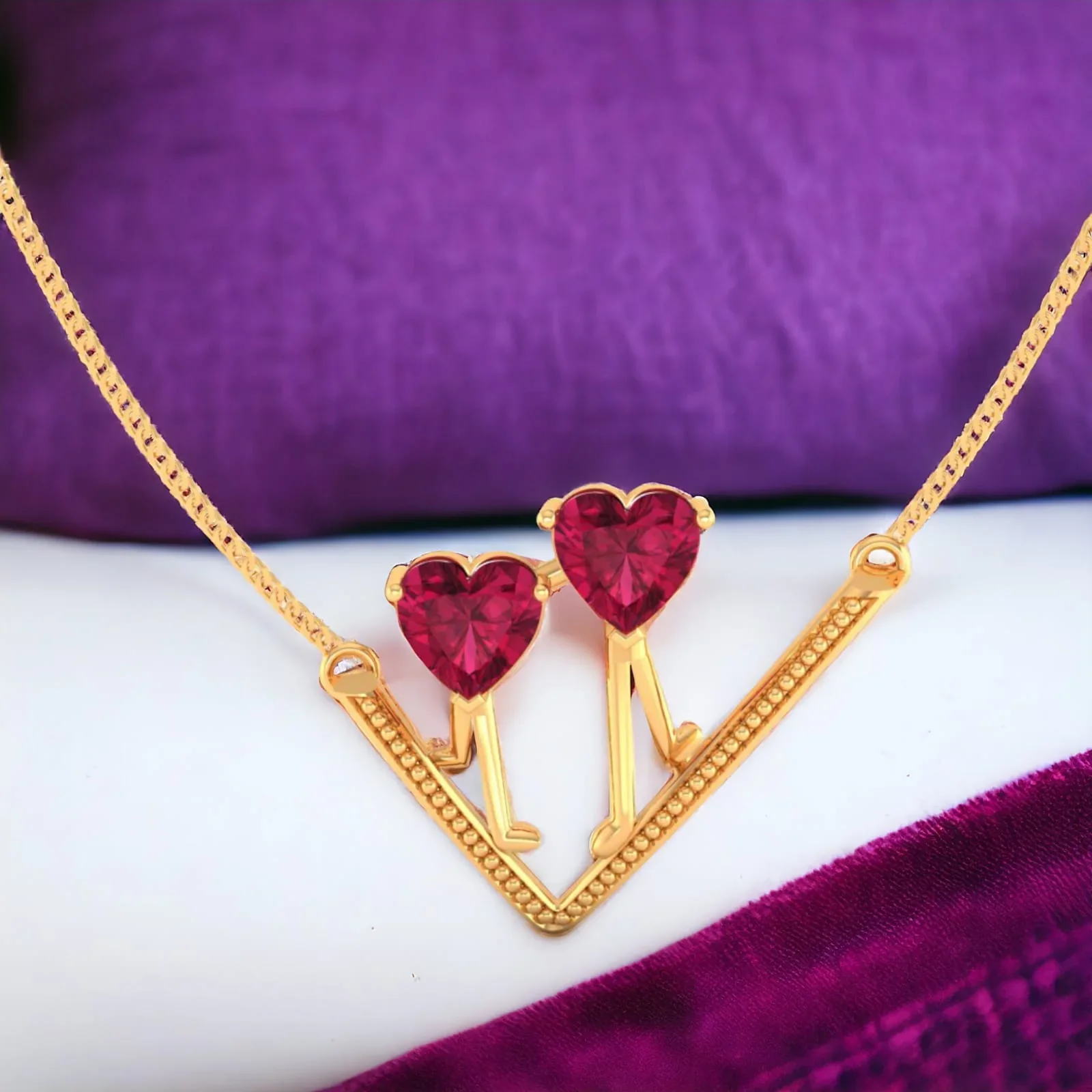 22K Gold Necklace With Walking Hearts Design Set On A V Shape In The Centre - Image 2