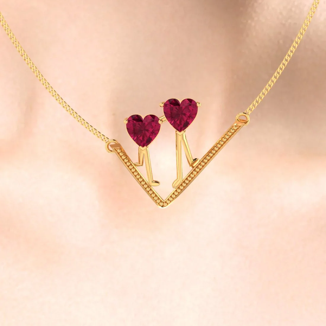 22K Gold Necklace With Walking Hearts Design Set On A V Shape In The Centre - Image 6