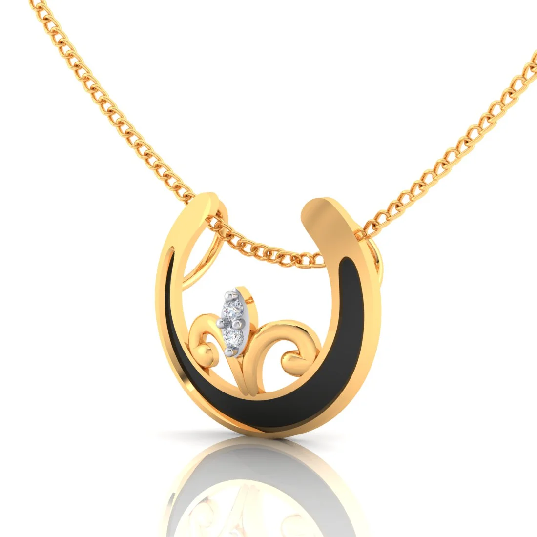 22K Gold Pendant Crescent Moon Floral Design With Black Meena And Embedded Stones - Image 3